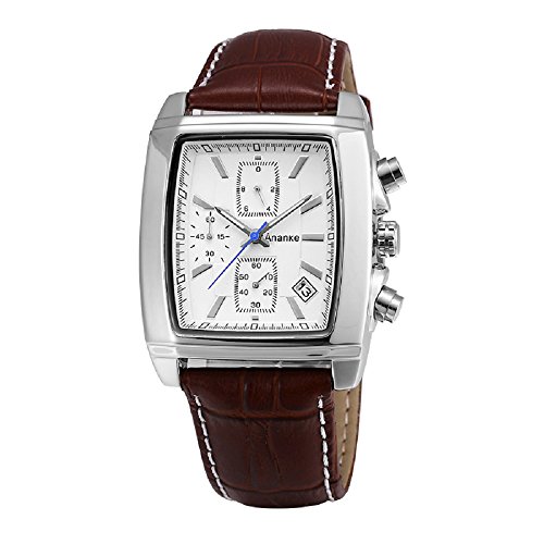 Ananke Mens Waterproof Chronograph Quartz Dress Watch with Brown Leather Strap Scratch-Proof Rectangle Dial