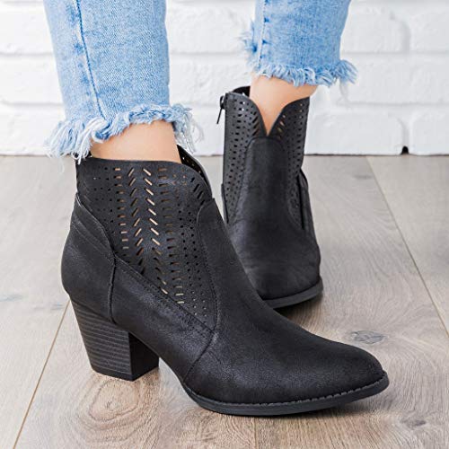 TnaIolral Ladies Boots Heels Solid Hollow Out Vintage Leather Ankle Short Shoes (US:10.5, Black)