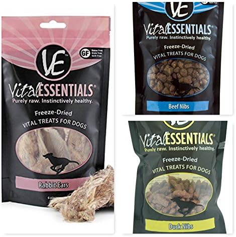 Vital Essential Freeze Dried Dog Treat Bundle (Rabbit Ears, Beef Nibs, Duck Nibs) Nutrient Packed Dog Snacks