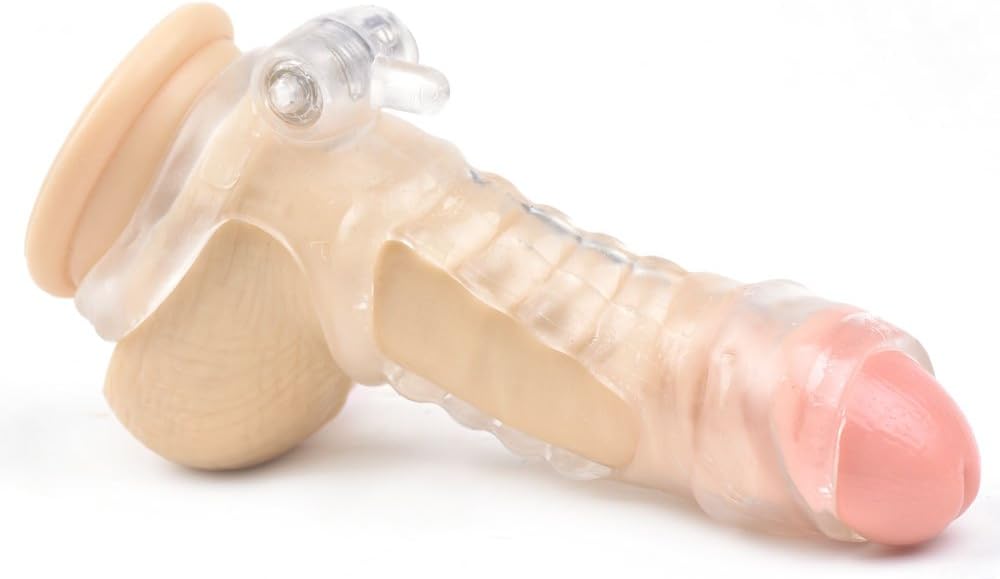 PleasureBox Vibrating Ribbed Shaft Penis Sleeve Cock Ring Extra Stimulation, Clear - Image 3