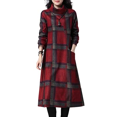 Buy Romacci Women High Neck Dress Plaid Checked Print Retro Dress Long Sleeve Knee Length Dress With Side Pockets Autumn Winter Elegant One Piece Online In Qatar B07wklng8t