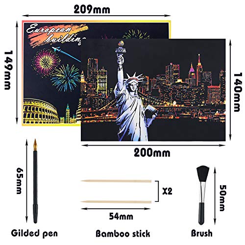Koogel Kratzbilder, 16 Baltt 200 x 140 mm Scratch Paiting Paper Architektur Wandbild DIY Beschichtete Bunte Kratzpapier mit Werkzeug Set