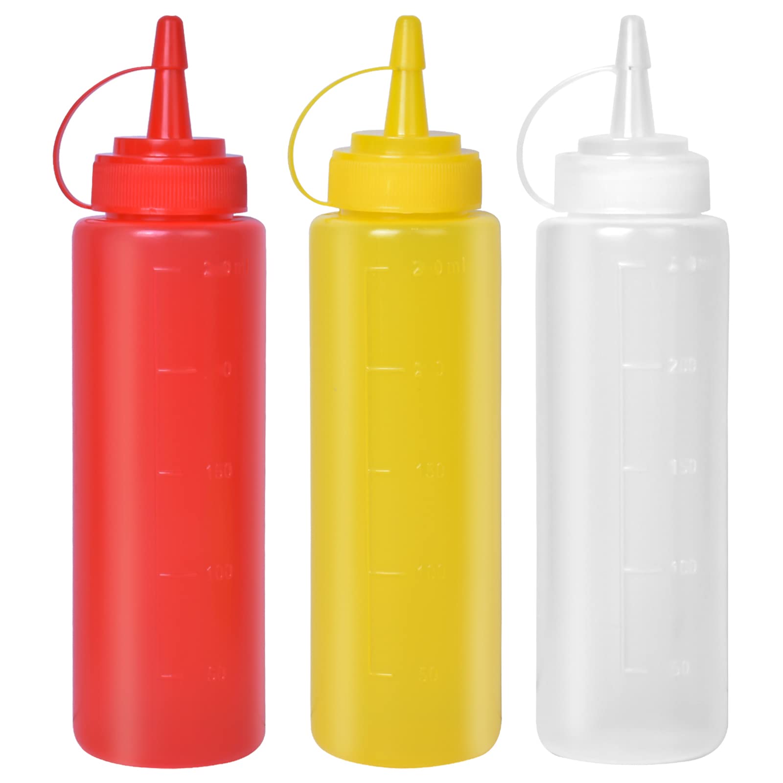 Mikihat 3 PCS Plastic Squeeze Bottles, Sauce Bottles with Cap,200ML Condiment Dispensers for Home Ketchup, Mustard, Mayo, Dressings, Olive Oil, Hot Sauce, BBQ (Red ,Yellow, Transparent)