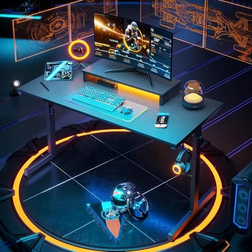 Escritorio Gaming 106.6CM LED Escritorio de Ordenador con Soporte de Monitor Estación de Trabajo Gamer con Portavasos Ganchos para Auriculares para el Hogar Oficina Dormitorio Pequeño Espacio