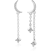 KUYLBUK 925 Sterling Silver Moon and Star Dangle Earrings for Women Asymmetrical Danity Earrings Moon Star Cubic Zirconia Drop Stud Celestial Gift for Her