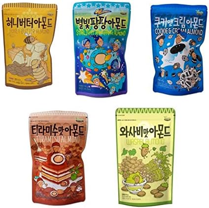 Gilim Tom's Farm Almond (190g 6.70 oz) Honey Butter, Wasabi, Tiramisu, Cookie and Cream, Starlight Pangpang, Korea Sweet Nut Snack New 2019 (5 Mix 1Pcs)