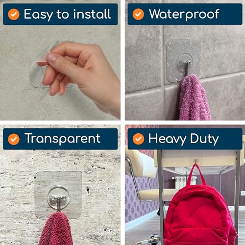 GLUIT Adhesive Wall Hooks for Hanging Heavy Duty 22 lbs Hooks for Walls No Drill, Towel Sticky Clear Hook, Waterproof, Home, Bathroom, Kitchen, Office, and Outdoor 12 Pack