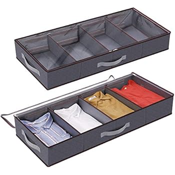 Lifewit Under Bed Clothes Organizer Large Adjustable Dividers Storage Bag with Durable Fabric, Reinforced Handle, 4 Clear Window for Clothing, Shoes, Blankets, Sweaters, Toys, Grey, 2 Pack