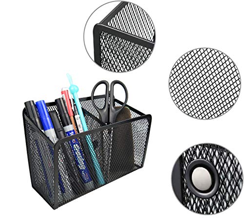 Black Wire Magnetic Pencil Holder - 2 Generous Compartments Magnetic Storage Basket Organizer - Extra Strong Magnets - to Hold Whiteboard, Refrigerator, Locker Accessories