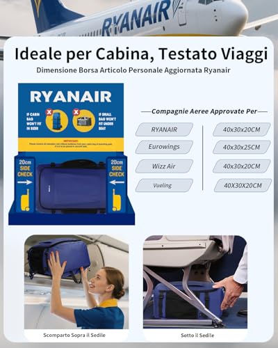 ECOHUB Zaino Ryanair 40x30x20 cm Leggero e 2 in 1, Zaino da Viaggio Pieghevole Sotto il Sedile, Bagaglio a Mano con Tasca Antifurto, Borsa da Cabina in Tessuto Riciclato per Uomo e Donna, Blu