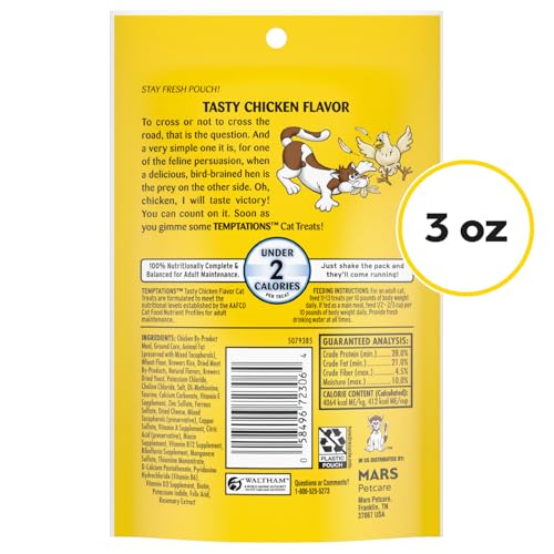 TEMPTATIONS CAT TREATS CLASSIC CRUNCHY AND SOFT CAT TREATS, TASTY CHICKEN FLAVOR, 3 OZ. POUCH