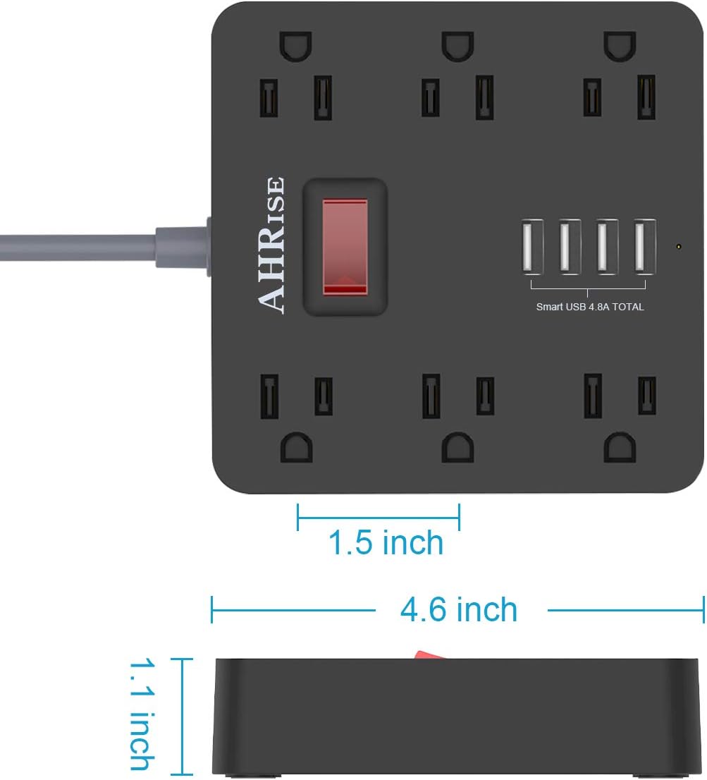 Power Strip, AHRISE Extension Cord with 6 AC Outlets and 4 USB Charging Ports(5V/4.8A,24W) for Smartphone Tablets Home, Office, Hotel, Cruise Ship, 5 Feet Long Cord, ETL Listed -Black: Home Audio & Theater