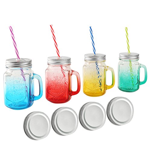 Tosnail 15 Oz. Mason Jar Mugs with Handle, Tin Lid and Plastic Straws, Old Fashion Drinking Glasses, Set of 4 Colors