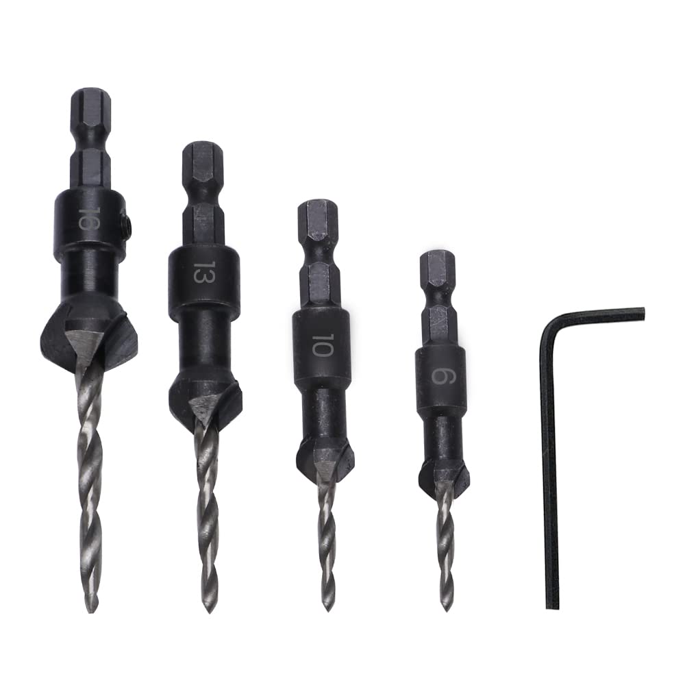 YIXISI 5 PCS Wood Carpentry Reamer Chamfer Countersink Drill Bit Set, #6#10#13#16 HSS Hex Shank Reamer Chamfer Countersink Tool with Hex Wrench, Taper Bits for Wood,Plastic, Soft Metal