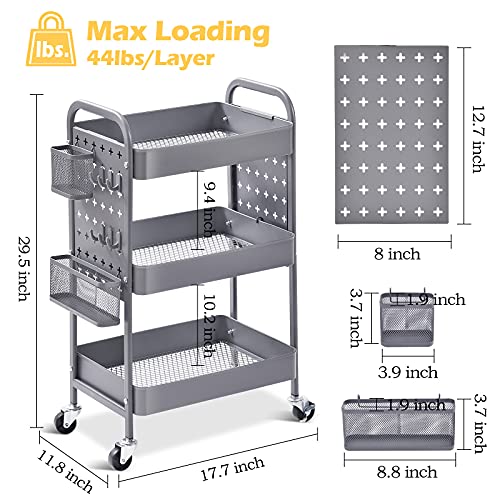 TOOLF 3Tier Storage Cart, Utility Rolling Cart with DIY Dual Pegboards