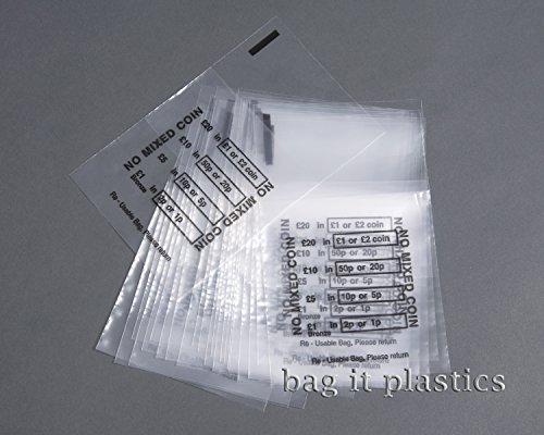 Bag It Plastics Money/Coin Bags - Pack of 150 Durable Plastic Money Bag's for Coins, Cash & Notes - Secure Bank Bags for Banking UK, Cash Handling, and Coin-Sorting