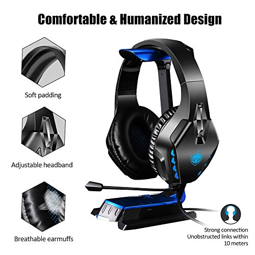 PHOINIKAS Gaming Headset für PS4, Xbox One, PC, Nintendo Switch, Wired Kopfhörer für Spiele mit Noise Cancelling-Mik und 7.1 Bass Surround, Wireless Bluetooth-Headset für Musik, 40H-Spielzeit - Blau