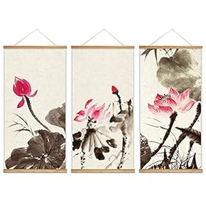 3 Panel Hanging Poster with Wood Frames - Ink Painting Style Lotus Flowers - Ready to Hang Decorative Wall Art - 18"x36" x 3 Panels