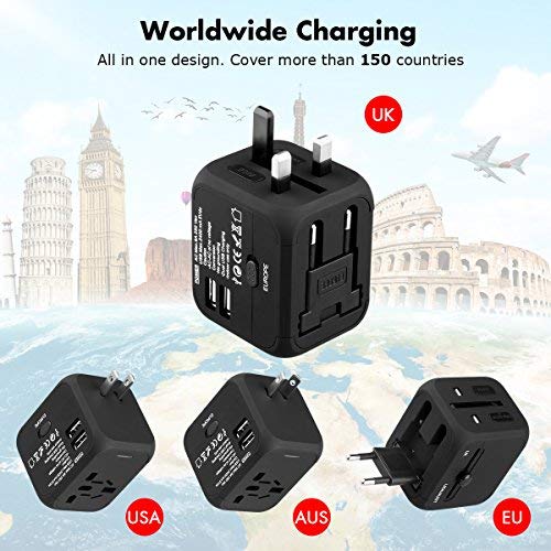 FLOUREON Universal Travel Power Adapter USB Wall Charger Outlet Plug All-in-one International Power Adapter with 2.4A Dual USB Charger for UK, EU, AU, Asia Covers 150+Countries,Black+Surge Protection