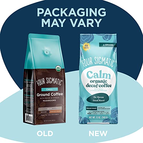 FOUR SIGMATIC CALM ORGANIC DECAF GROUND COFFEE | SWISS WATER DECAF COFFEE WITH CHAGA & REISHI MUSHROOM EXTRACTS | 12OZ BAG