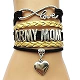 Infinity Love Army Mom Bracelet-Black with Gold Leather Braid Velvet Career Friendship Gift