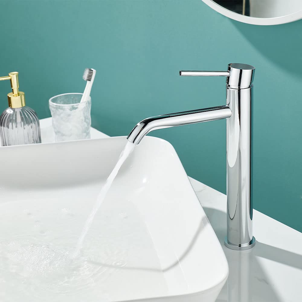 Ankoory Tall Bathroom Basin Mixer Tap, High Rise Bathroom Sink Tap for Countertop Basin, Single Lever Monobloc Faucet with High Spout, Modern Round Hot & Cold Taps with Flexible Tails (Chrome)