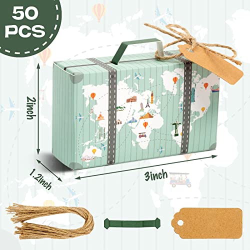 JOHOUSE Mini Suitcase Favor Box, 50PCS World Map Candy Boxes Wedding Candy Box with Tag and Burlap Twine for Wedding Party Bridal Shower