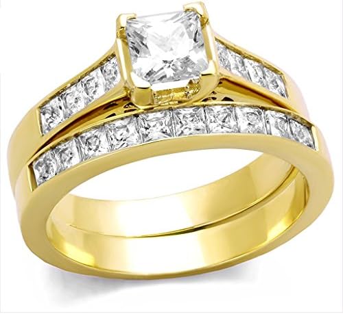 1 Ct Princess Cut Square CZ 14K Gold Plate Stainless Steel Wedding Ring Band Set