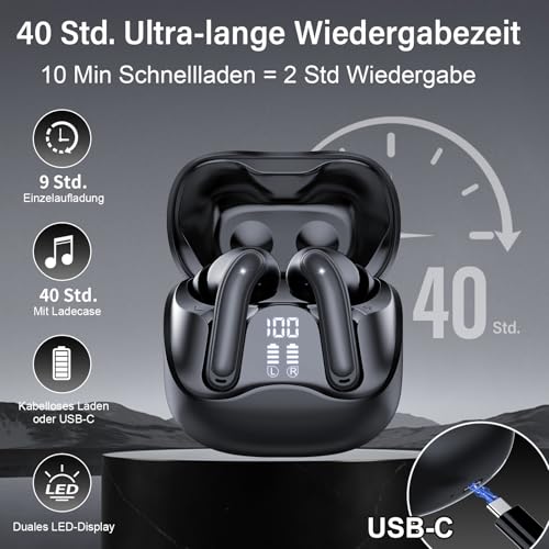 Bluetooth Kopfhörer mit Hybride Aktive Geräuschunterdrückung, In Ear Kopfhörer Kabellos Bluetooth 5.4, 6Mic, 49Std. Wiedergabe, kraftvoller Bass, 8 EQ-Modi, APP-Steuerung, kabelloses Laden, Multipoint
