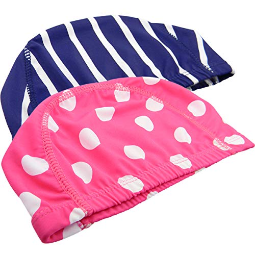 Qualtiy Yes QY 2Pack Superior Polyester Cloth Fabric Bathing Cap Swimming Caps Swimming Hats for Water Sports, Red Dot & Dark Blue Stripe Color