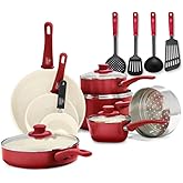 GreenLife 16 Piece Nonstick Cookware Set, Soft Grip Non-Toxic PFAS-Free Ceramic Pots & Pans, Dishwasher & Oven Safe, Frying, Sauce, Saute, Utensils, Glass Lids, Stay-Cool Handles, Wobble Free, Red