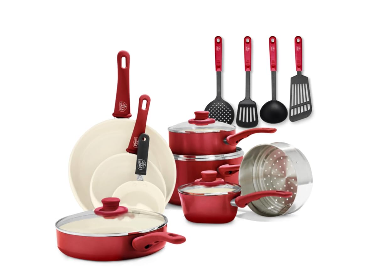 Photo 1 of GreenLife 16 Piece Nonstick Cookware Set, Soft Grip Non-Toxic PFAS-Free Ceramic Pots & Pans, Dishwasher & Oven Safe, Frying, Sauce, Saute, Utensils, Glass Lids, Stay-Cool Handles, Wobble Free, Red
