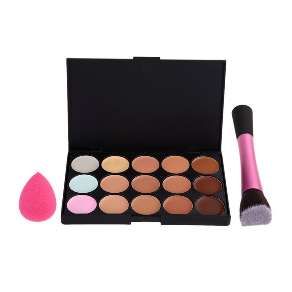 FantasyDay Professional 15 Colors Contour Face Cream Concealer Camouflage Makeup Palette Contouring Kit + 3 Pcs Makeup Brushes + 1 Sponge Puff - Ideal for Professional and Daily Use