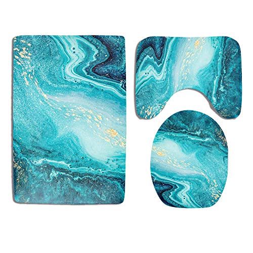 Marble Bathroom Rug Set 3 Piece Luxury Ocean Art Agate Blue Paint Gold
