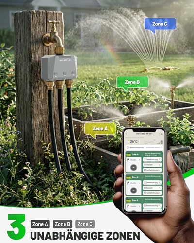 Unistyle Irrigation Computer WLAN 3 Outputs | New Edition 2026 - App Control, 5 Watering Plans, Precise Control, Alexa Voice Control, Automatic Watering for Garden & Plants
