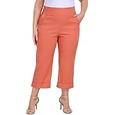 HDE Plus Size Pull On Capri Pants for Women with Pockets Elastic Waist Commuter Travel Casual Work Cropped Pants with Cuff