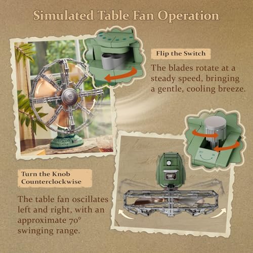 PANTASY Vintage Desk Fan Building Set, Mechanical Oscillating Motorized Brick Fan, Retro Green Desk Decoration Object Collectible for Adults