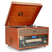 1byone Nostalgic Wooden Turntable Wireless Vinyl Record Player with AM, FM, CD, MP3 Recording to USB, AUX Input for Smartphone and Tablets, RCA Output