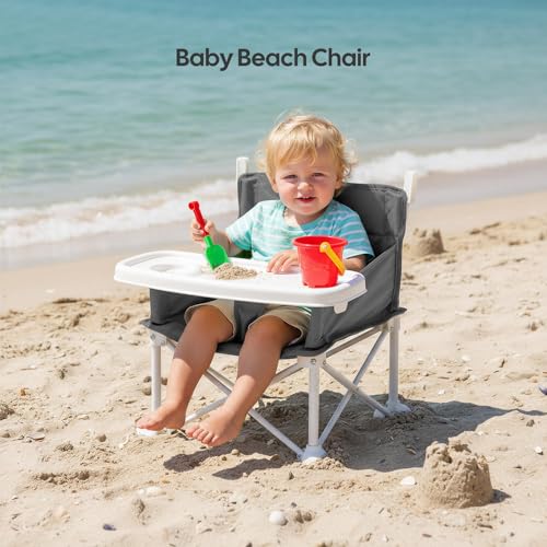 Portable Baby Chair, Foldable Toddler Booster Seat, with Removable Tray, Canopy and Safety Harness, Baby Sit up Chair, Portable Seat for Kitchen Chair (Gray)