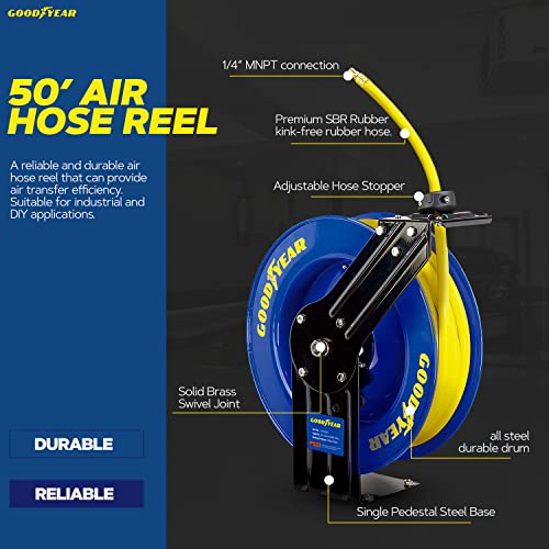 Goodyear Air Hose Reel Retractable 3/8" Inch x 50' Foot SBR Rubber Hose Max 300PSI Heavy Duty