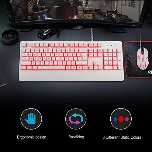 BlueFinger Gaming Keyboard and Mouse,LED Backlit Keyboard and Mouse Combo,USB Wired Keyboard with Ergonomic Wrist Rest for Game and Work - Keyboard Mouse Mouse Pad Set (White) - Thumbnail 2