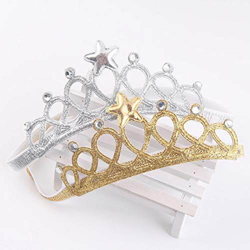 2PCS Crown Tiara Headband Elastic Hair Band Accessory Birthday Princess Gift For Baby Kids Infant (Silver&Gold)