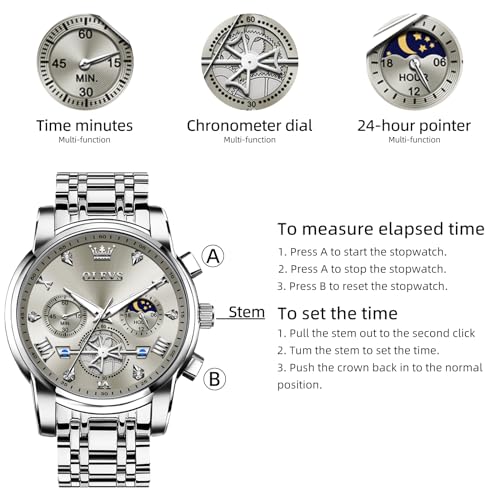 OLEVS Men Silver Watches,Men's Stainless Steel Chronograph Watch,Man Analog Quartz Big Face Male Watches Luxury Waterproof Roman Numeral Dress Diamond Relojes para Hombre