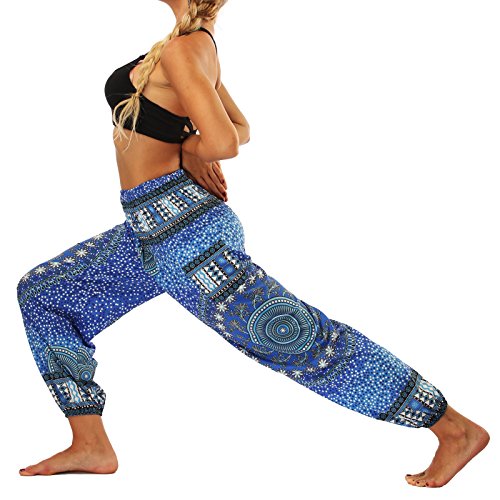 Nuofengkudu-Dame-Hippie-Hose-Pumphose-Haremshose-Boho-Gemustert-Gesmockte-Taille-mit-Taschen-Freizeithose-Sommerhose-Yogahose