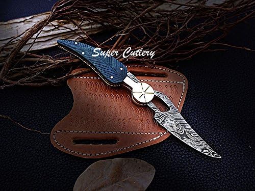 Custom made Damascus Folding Knife with Color Bone handle Pocket Green Leaf Style