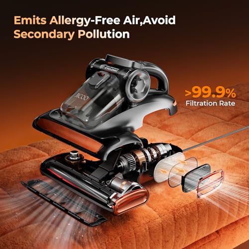 JIGOO T600 Anti-dust Vacuum Cleaner for Mattresses with UV Light and Vibration, 700W 15kpa Eliminates 99.9%, LED Display, 5s Fast Heating Dust Collector, Silent Design 72dB without Noise