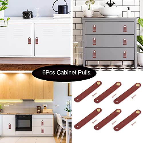 SAUYRASY Leather Dresser Knobs,6 Pack Knobs for Dresser Drawers, Leather Drawer Pulls for Cabinet, Doors and Drawers (Brown)