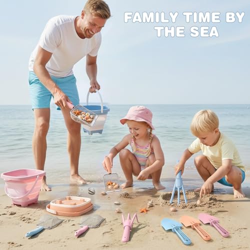Dreamon Beach Sand Toys 3 Set Collapsible Bucket and Spade Beach Set Kids with Sand Sifters Beach Shovel Rakes Seashell Bag Outdoor Toys for Children Toddlers 3 4 5 Years Old
