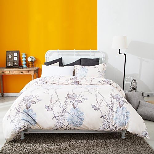 3 Piece Duvet Cover and Pillow Shams Bedding Sets, Hypoallergenic Breathable Soft Microfiber Flower Printed with Hidden Zipper and Tieback (Full)
