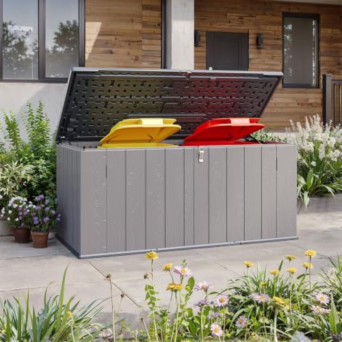 Gartenbox aus Harz 600L,Auflagenbox Wasserdicht Außenmaße:142 x 67 x 63 cm,Grau,Wetterfest,Abschließbar